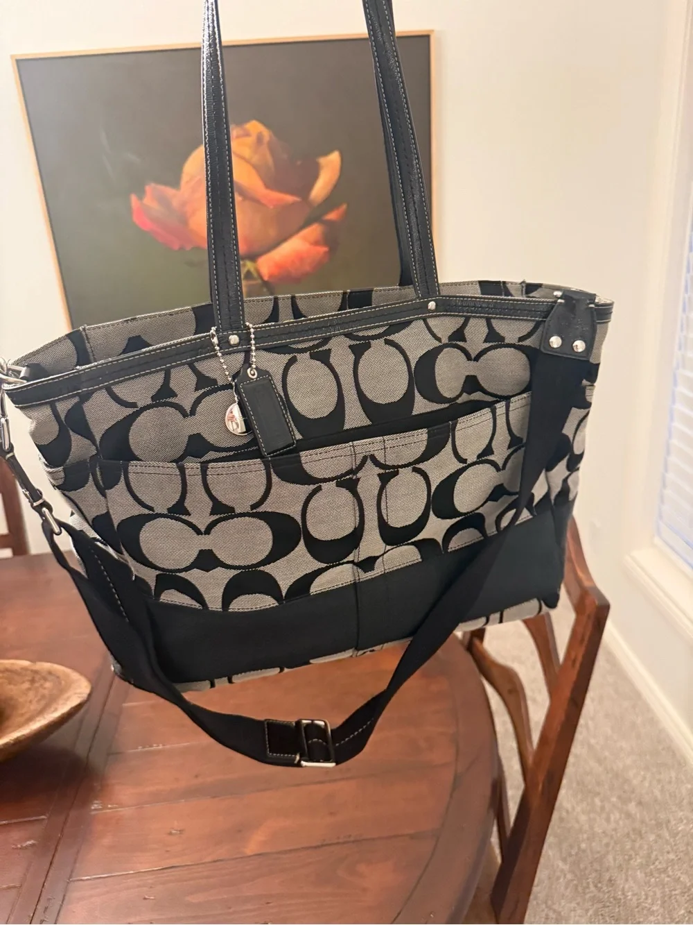 Coach Black and Cream Signature Canvas Tote with Tag and Medallion